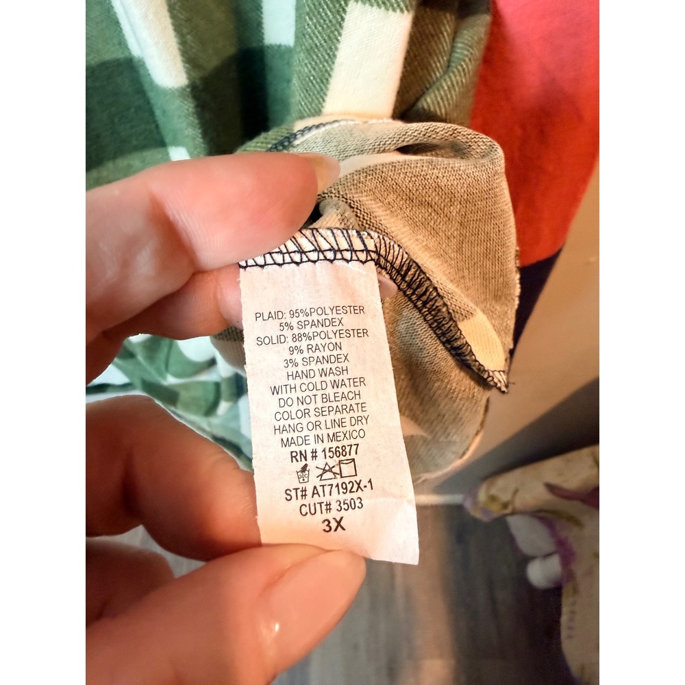 Story Teller Women 3X Buffalo Plaid Striped Raglan Fleece Shirt Green Coral Navy - Picture 3 of 7